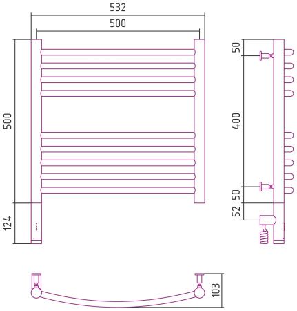 Полотенцесушитель, Сунержа, Богема 3.0, электрический, ширина, мм-532, глубина, мм-103, высота, мм-632, межосевое расстояние-500, перемычка-выгнутая, подключение-нижнее слева, электрокомплект-МЭМ, мощность, Вт-300, материал-нержавеющая сталь, назначение-с