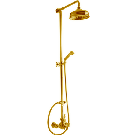 CISAL Arcana America Душевой комплект: термостатический смеситель, стойка с верхним душем, лейка+шланг, цвет золото, артикул AA00407024