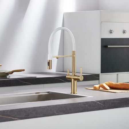 Смеситель для кухни с подключением фильтра для воды Rose R458G, золотой сатин