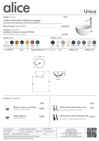 Alice Unica, накладная круглая раковина Ø40х20h см, цвет белый глянцевый, артикул 32180101