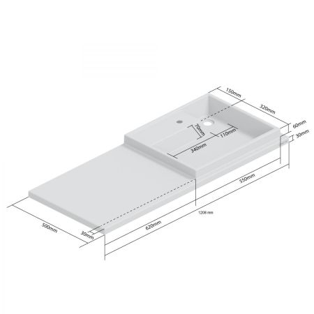 Раковина над стиральной машиной "Юпитер 1200*500" правый, ш/гл без кронштейнов