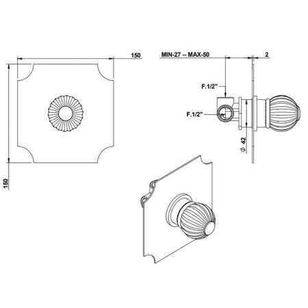 BONGIO RIVOLI Смеситель для душа встроенный, прогрессивный, ручка стекло белое, внешняя часть, цвет золото