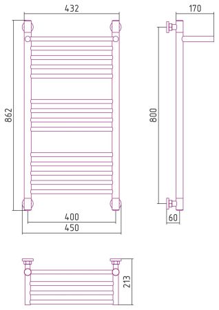 Полотенцесушитель, Сунержа, Богема +, с 1 полкой, водяной, ширина, мм-450, глубина, мм-213, высота, мм-862, межосевое расстояние-400, подключение-диагональное/нижнее/вертикальное, температура теплоносителя-до 95°С, мощность-Вт-421, присоединительный разме, артикул 30-0223-8040