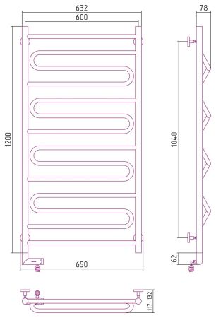 Полотенцесушитель электрический "ЭЛЕГИЯ 2.0" 1200х600 / МЭМ левый (Без покрытия), артикул 00-5218-1260