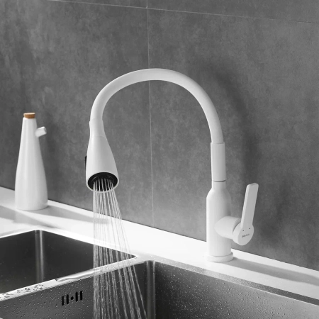 Смеситель для кухни с гибким изливом Shevanik S843C-1, белый