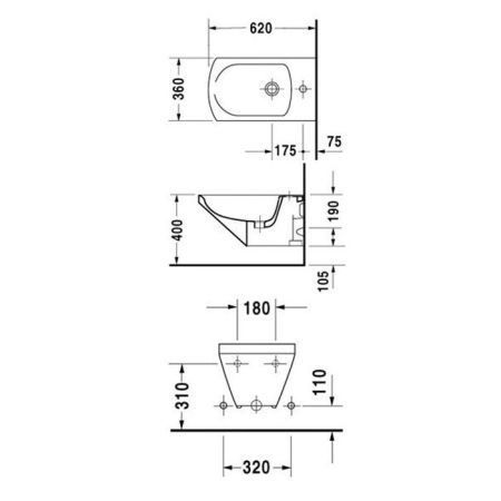 Duravit Caro Подвесное биде 620*360мм с комплектом креплений, цвет белый, артикул 0290150000