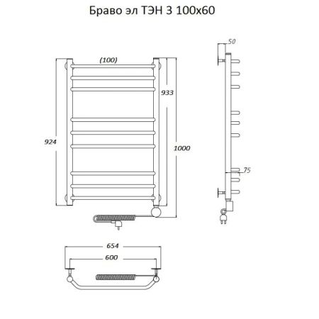 Электрический полотенцесушитель Тругор Браво 3 элТЭН 100x60 Хром, артикул Браво3/элТЭН10060