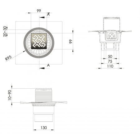 Трап BERGES водосток ZENTRUM Antik 100х100, хром глянец, выпуск D50/75/110 H74 вертикальный, артикул 091464