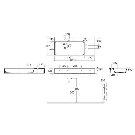 AZZURRA ELEGANCE Squared Раковина подвесная/накладная  102х46х12.5см c отв. под смеситель , цвет белый, артикул ELLP10246RQM*1