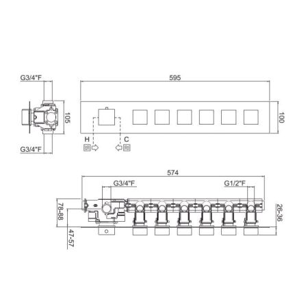 Carimali ILQUADRO Внешняя часть горизонтальная для термостатического смесителя с 6-ю независимыми выходами, цвет хром