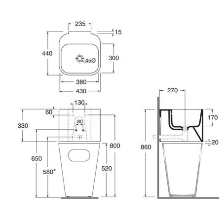 AZZURRA TANDEM Раковина 430х440х320 мм., подвесная, с 1 отверстием для смесителя, с переливом, цвет Cocoa