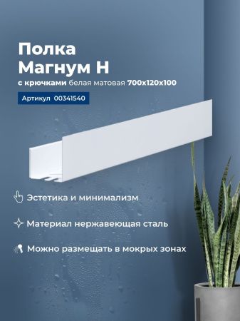 Полка Aquanet Магнум Н 70x12 белая матовая, с крючками Полка Aquanet Магнум Н 70x12 белая матовая, с крючками