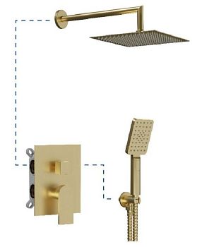 AQG Alpha, душевой комплект на 2 потребителя с квадратным верхним душем 25х25 см и кронштейном, цвет матовое золото (PVD)