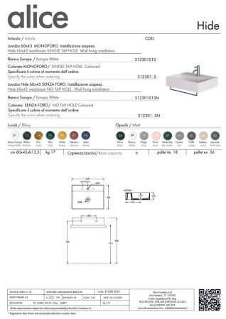 Alice Hide, подвесная прямоугольная раковина 60x45x13,5h см c крепежом fix01, цвет белый глянцевый, артикул 31230101S