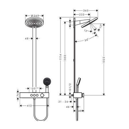 HANSGROHE PULSIFY Душевая стойка с термостатическим смесителем, верхним душем Ø260 мм с 2 режимами, ручным душем и шлангом, цвет хром, артикул 24240000