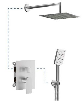 AQG Alpha, душевой комплект на 2 потребителя с квадратным верхним душем 25х25 см и кронштейном, цвет никель сатин (PVD)