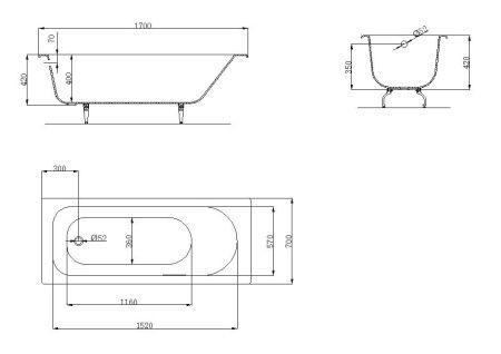 Роксен ванна чугунная 1700*700 б/п, без ручек, ножки в комплекте