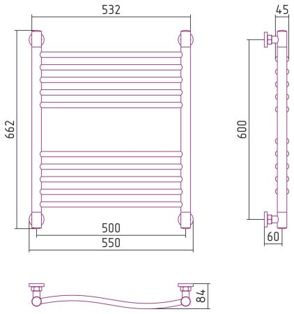 Полотенцесушитель водяной "ФЛЮИД+" 600х500 (МУАР Темный Титан), артикул 15-0222-6050