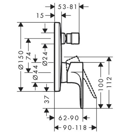 Смеситель для душа, Hansgrohe, Rebris E, тип открывания воды-однорычажный, тип регулирования воды-керамический картридж, монтаж-настенный встраиваемый, отверстия для монтажа-1, внутренняя часть-необходимо заказать, дивертер с переключателем вакуумного тип, артикул 72468670