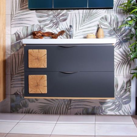 Тумба под раковину Бриклаер Форест 100 подвесная Антрацит со вставкой Пенёк, артикул 4627125414664