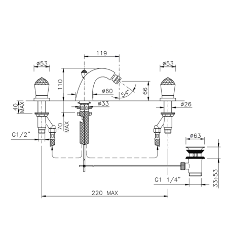 Nicolazzi Cristallo Смеситель для биде двухвентильный на 3 отверстия, излив: 119мм цвет: хром, артикул 2015CR22