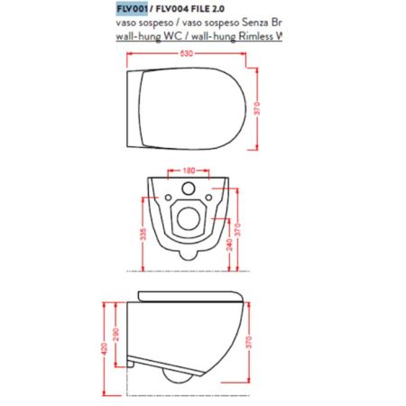 Унитаз, Artceram, File 2.0, безободковый, тип установки-подвесной, ширина, мм-370, глубина, мм-530, высота, мм-370, форма чаши-овальная, выпуск-горизонтальный, без декора, материал-санфаянс, сиденье-необходимо заказать, крепления в комплекте, цвет-Grigio 