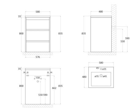FAMILY База под раковину напольная с тремя выкатными ящиками, Bianco Lucido, 580x470x845, FAMILY-580-3C-PIA-BL, артикул FAMILY-580-3C-PIA-BL