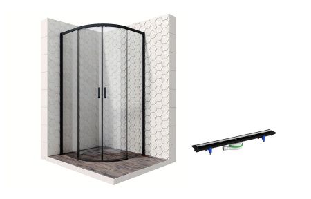 Душевой уголок Ambassador Queen Black 11011201-PR3, полукруглый, линейный трап, 90х90