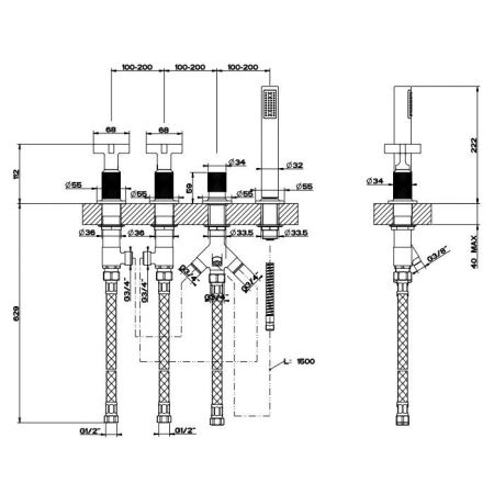 GESSI INCISO Смеситель для ванны на 4 отверстия для наполнения через слив-перелив, переключатель, с ручным душем, цвет: золото, артикул 58143#246