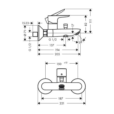 Смеситель для ванны и душа, Hansgrohe, Talis E, тип открывания воды-однорычажный, тип регулирования воды-керамический узел смешивания, тип установки-настенный, отверстия для монтажа-2, вынос излива, мм-194, тип излива-неподвижный, цвет-белый матовый, регу, артикул 71740700