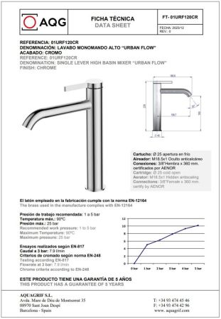 AQG Urban Flow, высокий однорычажный смеситель для раковины без донного клапана, цвет хром, артикул 01URF120CR