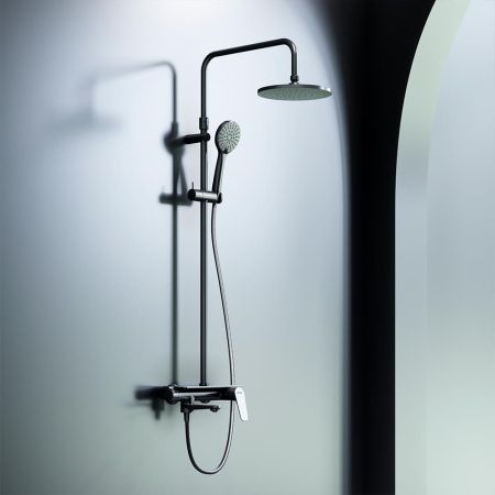977730300 ДС Jupiter со смесителем полкой: верхний душ, ручной душ., штанга варио, чёрная, артикул 977730300