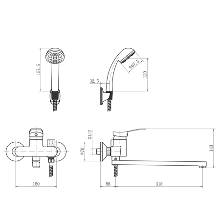 Смеситель ванно-душевой Plstart с душевым гарнитуром хром (PD22601), артикул PD22601