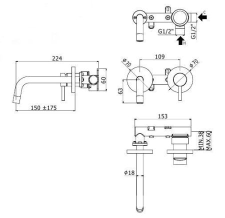 Смеситель для раковины Paffoni Light LIG101HG70 (с внутренней частью), артикул LIG101HG70