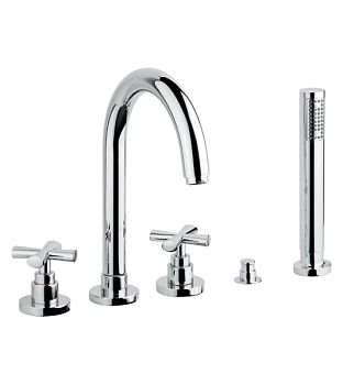 Emmevi Spirit New, комплект смесителя на борт ванны (излив 18,1 см), на 5 отверстий, с набором для душа, цвет брашированное золото