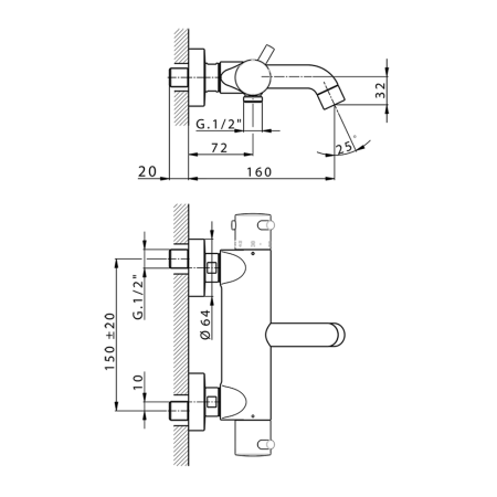 CISAL Less Minimal Смеситель термостатический настенный для ванны/душа с ручной лейкой,держателем и шлангом, цвет хром