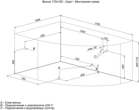 Акриловая ванна Aquanet Capri 170x110 L, артикул 00203914