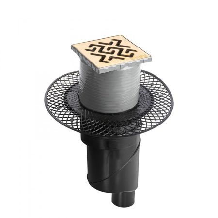 Трап BERGES водосток PLATZ Antik 100х100, золото глянец, S-сифон D50/105 H50 вертикальный, артикул 092060