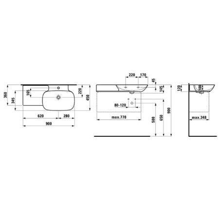 Laufen INO Раковина 900х450х120мм без отв. под смеситель, полка слева, цвет: белый