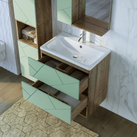 Комплект мебели для ванной Бриклаер КРИСТАЛЛ 70ZF, фисташковый/дуб гранж песочный, артикул КРИСТАЛЛ 70ZF