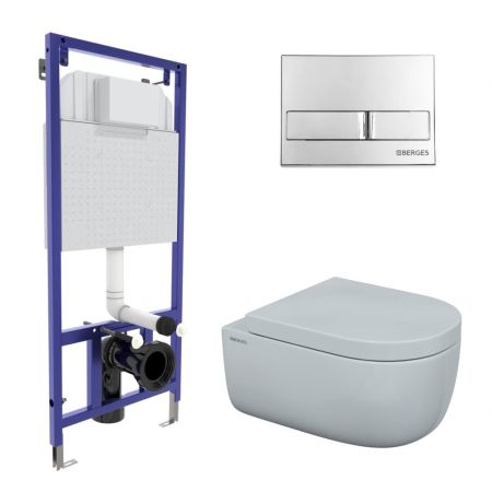 Комплект BERGES для монтажа  подвесного унитаза: инсталляция NOVUM525, кнопка L3 хром глянец, унитаз EGO XL 54 см, сиденье дюропласт Toma SO, микролифт, быстросъем, артикул 043233
