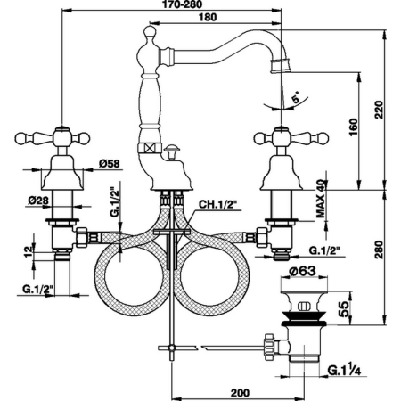 CISAL Arcana America Смеситель для раковины на 3 отверстия, с донным клапаном, цвет золото, артикул AA00108024