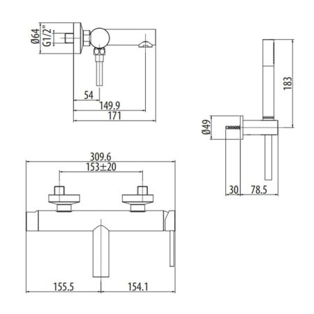 GATTONI CIRCLE ONE Смеситель настенный для ванны,с ручной лейкой на держателе. цвет хром, артикул 9000/90C0 cr