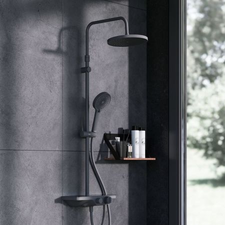 947760300 Apollo душевая система с ванно-душевым ТМС смесителем-полкой, черный, артикул 947760300