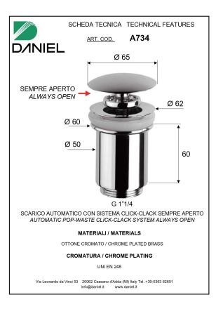 Daniel, донный клапан click-clack 1"1/4, цвет хром, артикул A734-CR
