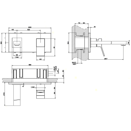 Gessi Rettangolo K Встраиваемый однорычажный смеситель для раковины, излив 249мм(внешние части), цвет: хром, артикул 53090#031