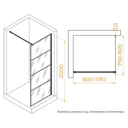 Душевая перегородка RGW WA-019B (Рисунок - черный принт, 800), артикул 351001980-84