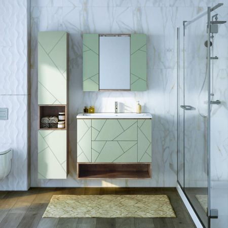 Тумба с раковиной и нишей Бриклаер КРИСТАЛЛ 90F, фисташковый/дуб гранж песочный, артикул КРИСТАЛЛ 90F