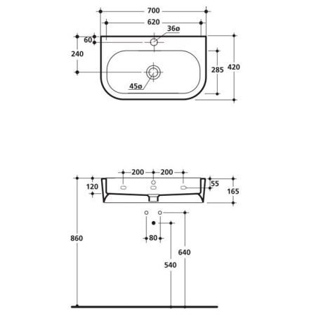 Kerasan Flo раковина 70х42 с 1 отверстием под смеситель, цвет белый, артикул 3150bi*1