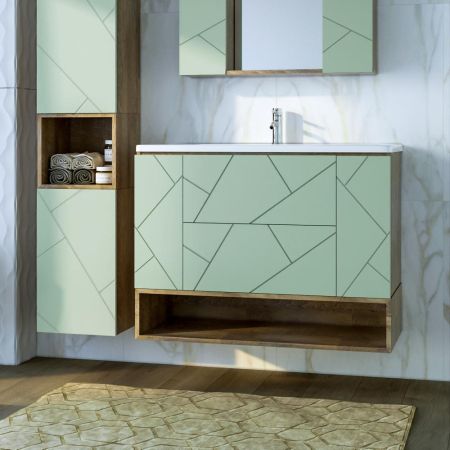 Тумба с раковиной и нишей Бриклаер КРИСТАЛЛ 100F, фисташковый/дуб гранж песочный, артикул КРИСТАЛЛ 100F